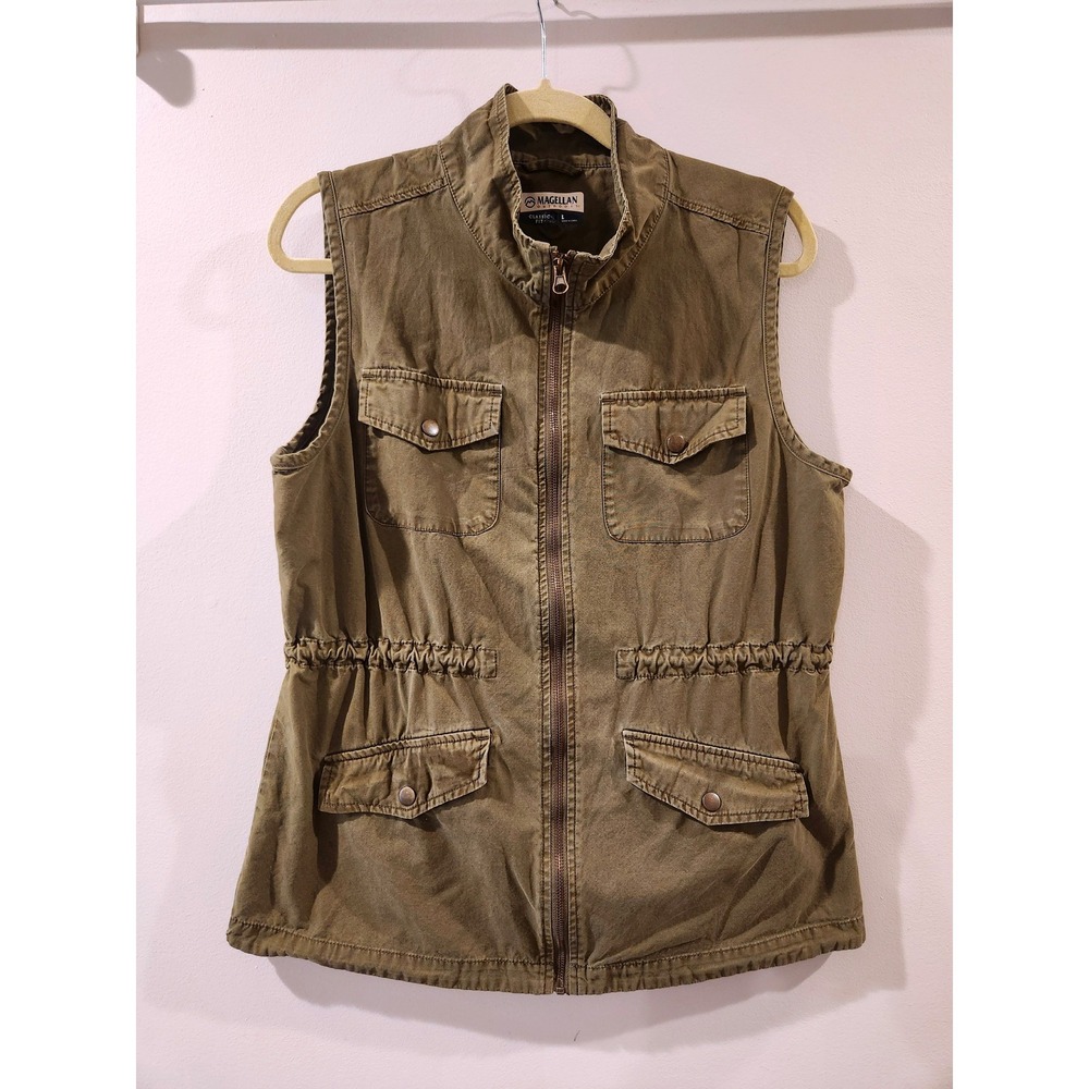 Magellan Outdoors Utility Vest Women's Size L Green Cargo Pockets Zipped‎